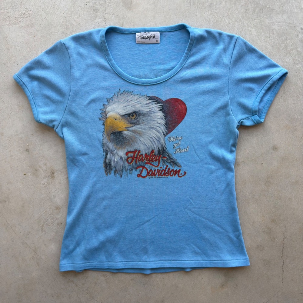 Vintage 1986 Harley-Davidson Fullerton CA Eagle Heart Blue T-Shirt Womens L